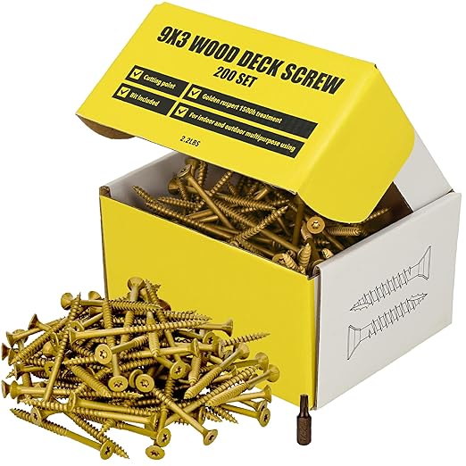 #9 x 3’’ Wood Screws by Grindy (200pack/2.5LBS) – Self-Drilling Deck Screws I Rust Resistant I Quick Drive & Fast Grip I for Cabinet, Furniture & Other Projects I T20 Star Drive I Bit Included