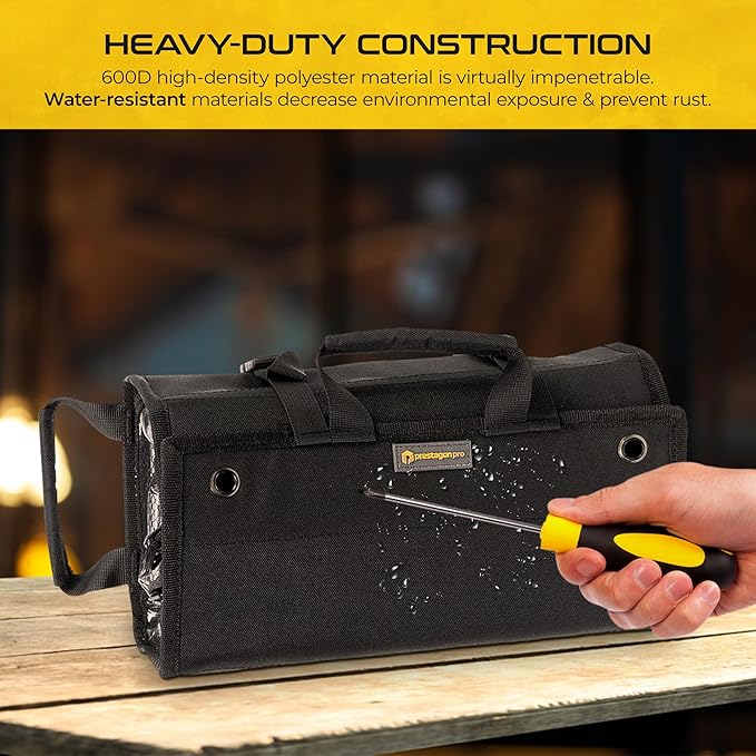 Heavy-Duty Roll Up Tool Bag Organizer w/Transparent Pockets for Quick View & Easy Access. 7 Reinforced Pockets w/Zippers, Multiple Carrying & Hanging Handles, Elastic Organizers & Adjustable Strap