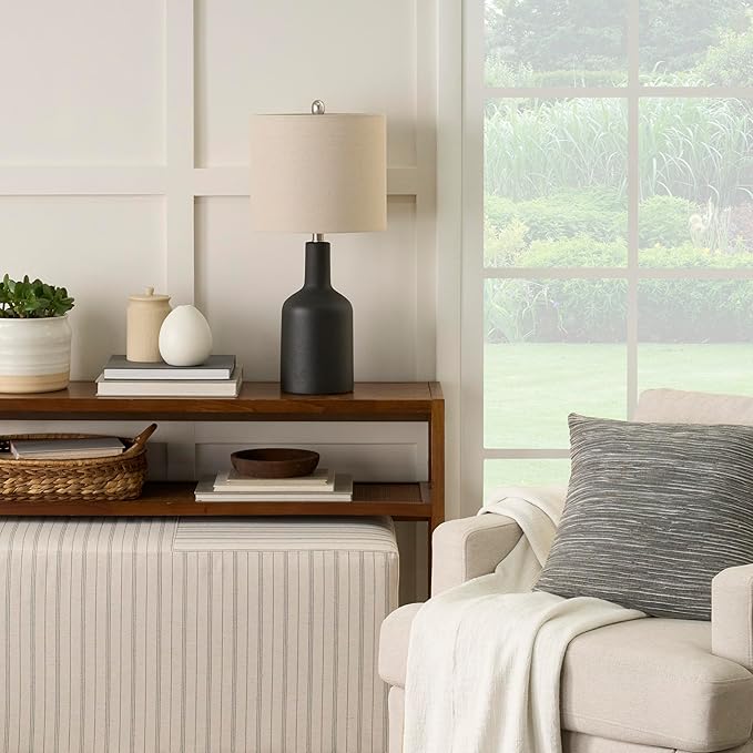 Nourison Home 22" Matte Black Ceramic Table Lamp with Oatmeal Shade for Modern, Transitional, Bedside Table, Living Room, Dining, Entryway