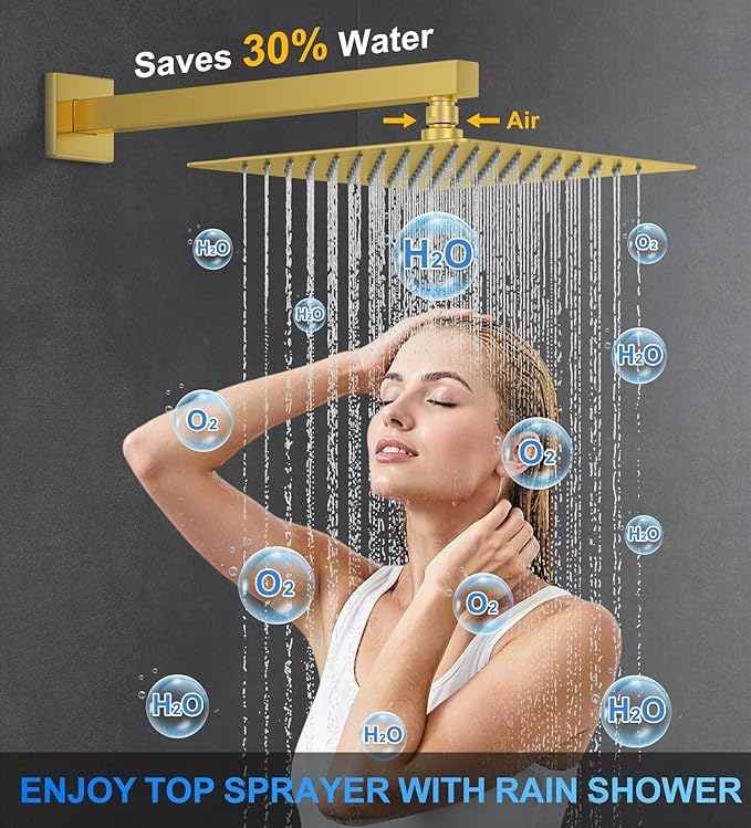 Shower Faucet Set, 10" Wall Mount Rainfall Shower System with 2 Rain Shower Head and Multi-function Handheld Head Push Button Diverter Shower Faucet Trim Kit Brushed Gold