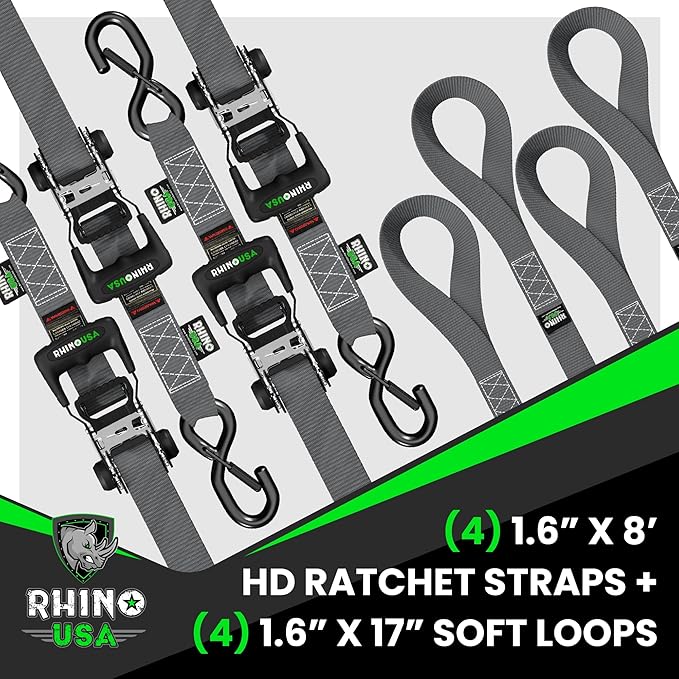 Rhino USA Ratchet Straps Heavy Duty Kit (4-Pack) - 1.6 Inch x 8 Feet (5,208lb Break Strength) - Ultimate Tie Down Straps with Safety S Hooks for Trucks, ATV, UTV, Motorcycle, Cargo & More - Gray