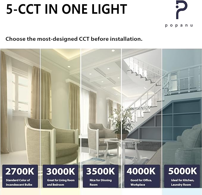 4-inch LED Canless Recessed Slim-Downlight 5 CCT Adjustable Dimmable Recessed Lights Fixture with Junction Box, Ceilling Light with Junction Box, 2700-5000K, 9W, White Square Finish, 6 Pack