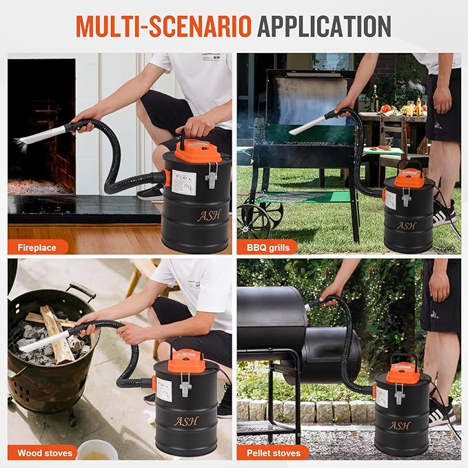 Ash Vacuum Cleaner -4 Gallon Fireplace Ash Vac with 800w Powerful Hose Non-Woven Dust Separator | Dry Stove Vacuum for Fireplaces Pellet Grill Wood Stove Fire Pits Orange