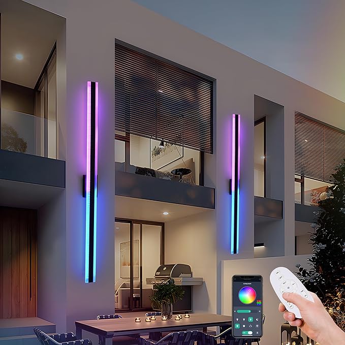 TODOLUZ 2-Pack 60-Inch Outdoor RGBW Long Wall Light Fixture, IP65 Waterproof 36W Linear Wall Sconce Lighting with Remote Control for Garage Porch Party Gathering