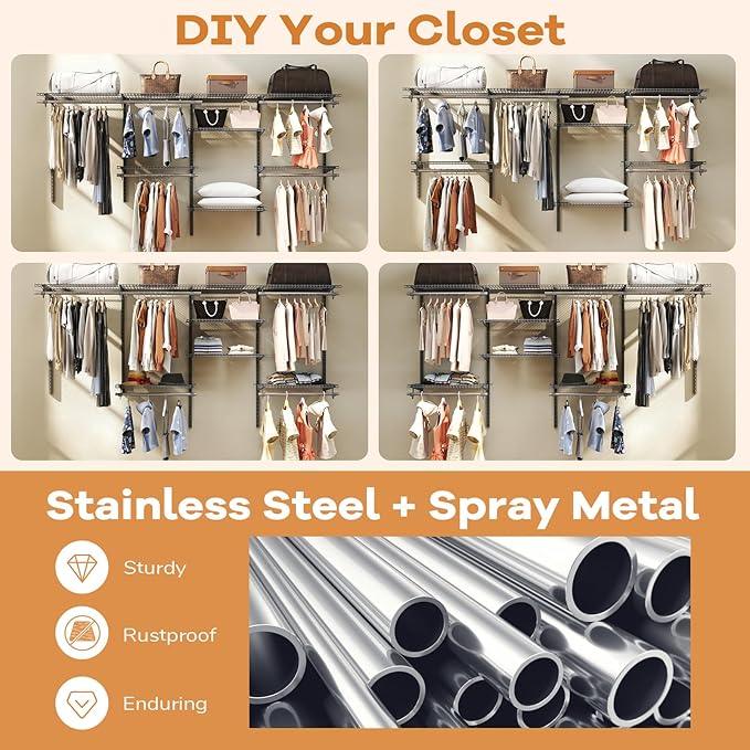 Giantex Closet Organizer System, Wall-mounted Custom Closet Kit w/Adjustable Storage Shelves, Wardrobe Clothes Rack w/Hanging Rods, Perfect for Coats, Pillows, Blanket (Gray, 98.5"x13.5"x48)