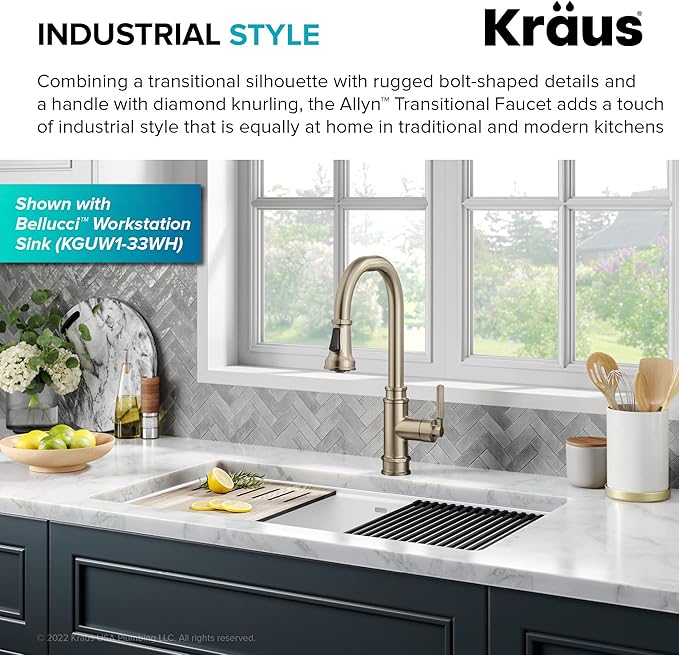 KRAUS Allyn Transitional Industrial Pull-Down Single Handle Kitchen Faucet in Spot-Free Antique Champagne Bronze, KPF-4101SFACB