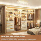 Aheaplus Closet System with 8 Wooden Drawers, Wood Closet Organizer System with Tower, Walk-in Closet Organizer Wardrobe Clothes Rack with 4 Hanging Rods, Garment Rack, Cut to Fit 7-12Ft, White Oak