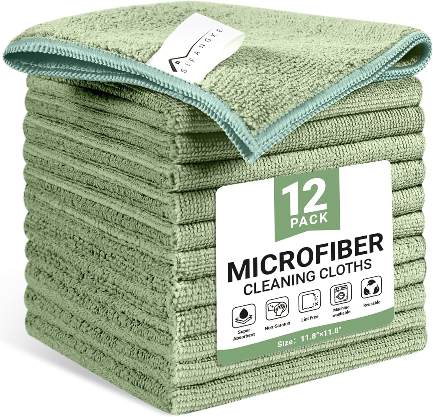 Microfiber Cleaning Cloth, 12 Pack Green Cleaning Rags for Housekeeping, Reusable Microfiber Towels for Car, Kitchen, Bathroom and Household Cleaning Supplies, 11.8"X11.8"