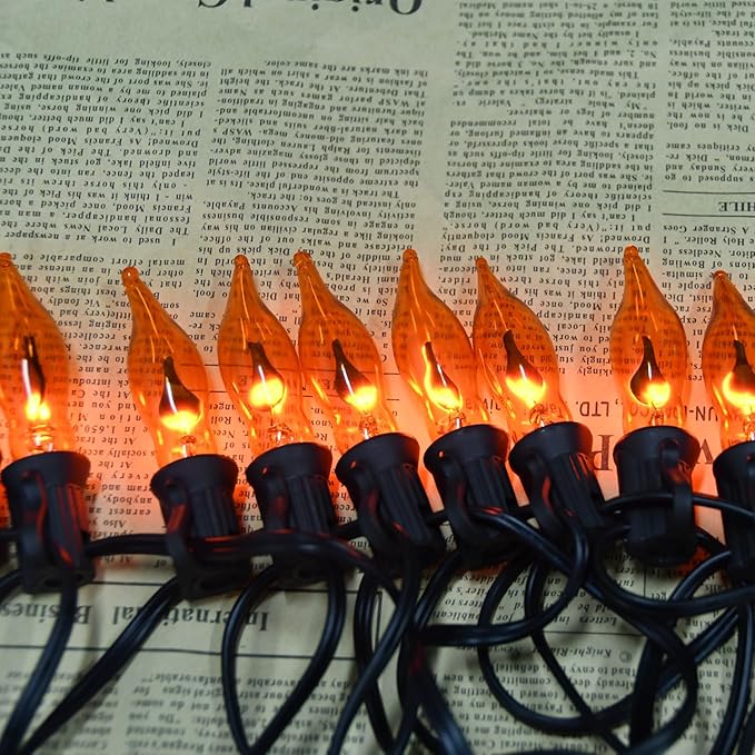 27.8Ft Fall Decor Flickering Flame String Lights Orange Halloween Lights with 25+2 Pack C7 Orange Flame Light Bulbs, Flame String Lights for Fall Halloween Decorations for Home Mantel Party Garden