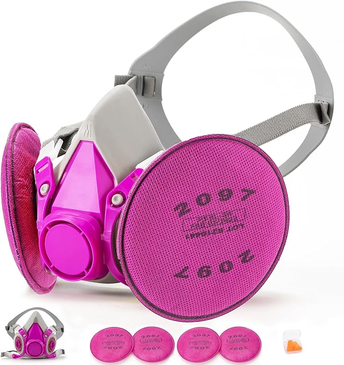 RANKSING Respirator Mask with Filters and Glasses to Against Dust Gases Fumes in Painting Spraying Sanding Orange/Pink