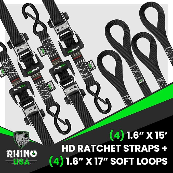 Rhino USA Ratchet Straps Heavy Duty Kit (4-Pack) - 1.6 Inch x 15 Feet (5,208lb Break Strength) - Ultimate Tie Down Straps with Safety S Hooks for Trucks, ATV, UTV, Motorcycle, Cargo & More - Black