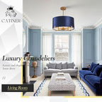 Drum Chandelier,18” Blue and Gold Round Ceiling Pendant Light Fixture Velvet Fabric Shade 4 Lights Modern Semi Flush Mount Hanging Chandelier for Dining Room Foyer Hallway