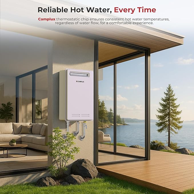 CAMPLUX Climatech 5 199,000 BTU Tankless Water Heater Gas Outdoor, 6.86 GPM Instant On Demand Gas Tankless Hot Water Heater Natural Gas, 3-6 Persons Whole House, Outdoor Installation, White, CSA