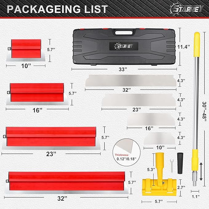 Drywall Skimming Blade Set with 30" - 48" Extension Handle 10in/16in/24in/32in Stainless Steel Skimming Blades for Wall Surface Smoothing Drywall Plaster Wallboard Includes Replaceable Blades