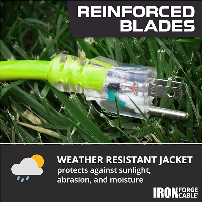 Iron Forge Cable Weatherproof 10 Ft Outdoor Extension Cord - 12/3 SJTW 15 Amp Heavy Duty Light Green High Visibility Cable with 3 Prong - Lighted End