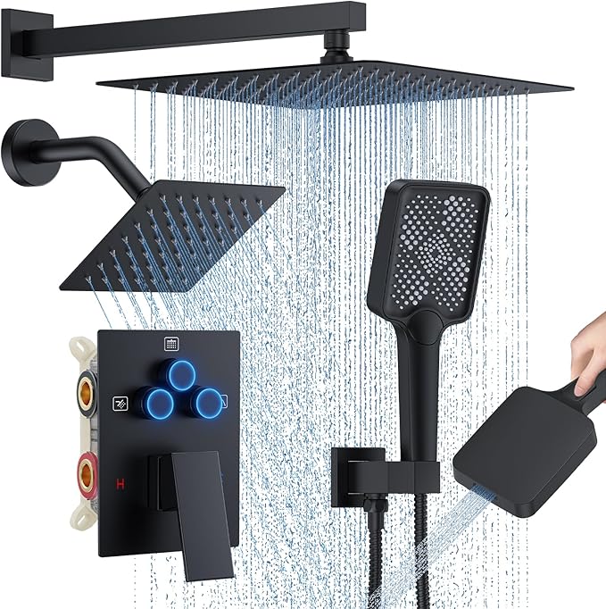 Shower Faucet Set, 12" Wall Mount Rainfall Shower System with 2 Rain Shower Head and Multi-function Handheld Head Push Button Diverter Shower Faucet Trim Kit Matte Black
