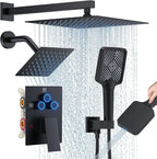 Shower Faucet Set, 12" Wall Mount Rainfall Shower System with 2 Rain Shower Head and Multi-function Handheld Head Push Button Diverter Shower Faucet Trim Kit Matte Black