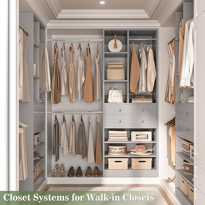 Closet System, 4.2–8.8 FT Closet Organizer with 2 Wooden Drawers and Shelves, Walk-in Closet System with 5 Hang Rods, Built-in Reach in Closet Tower, Can Fit 60 to 96 inch, Morandi Grey