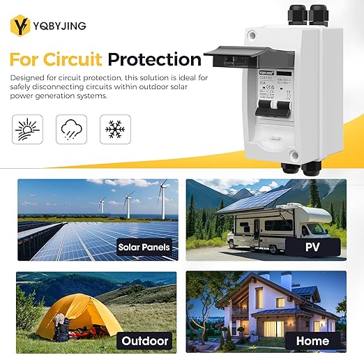 20 Amp DC Solar Panel Disconnect Switch 4 Holes AC Miniature Circuit Breaker Box 500V 2 Poles with IP65 Waterproof UV-Proof Box for Outdoor Solar PV Homes Battery