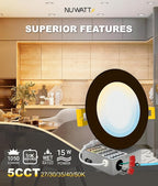 NUWATT 12 Pack 6 Inch Ultra-Thin Bronze LED Recessed Lighting, 5CCT 2700K/3000K/3500K/4000K/5000K Selectable, High Brightness 1050 Lumens, Dimmable Canless Slim Wafer Light, IC Rated, Metal J-Box, ETL