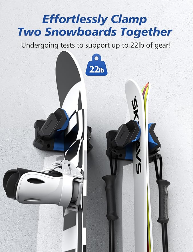 Ski and Snowboard Wall Mount Storage Rack - Heavy Duty Nonslip Organizer for Garage - Fits Any Ski or Snowboard - Tool Organizer - Blue