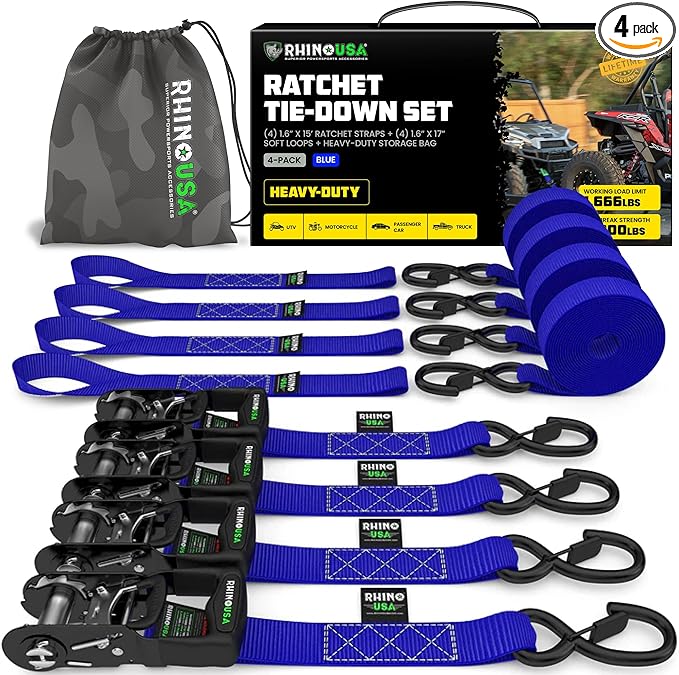 Rhino USA Ratchet Straps Heavy Duty Kit (4-Pack) - 1.6 Inch x 15 Feet (5,208lb Break Strength) - Ultimate Tie Down Straps with Safety S Hooks for Trucks, ATV, UTV, Motorcycle, Cargo & More - Blue