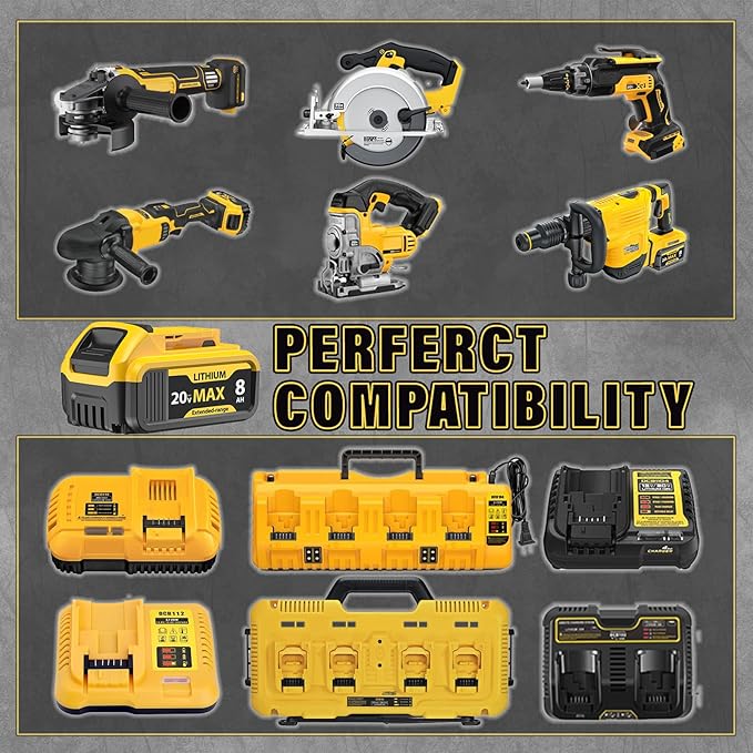 2-Pack 8000mAh High-Capacity Lithium-Ion Battery & Charger Set for DEWALT 20V MAX Battery, Perfectly Compatible with DCB207/DCB204/DCB200/DCB201/DCB203 Series Power Tools, Fast Charging