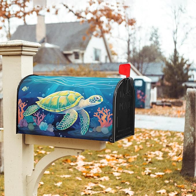 Nautical Sea Turtle Coral Seashell Mailbox Covers Summer Ocean Beach Blue Mailbox Covers Magnetic Standard Size 21x18 Inch Waterproof Mail Box Wraps Post Letter Box Covers Garden Yard Outdoor Decor
