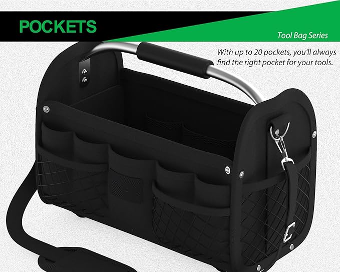 16 Inch Tool Bag, Open Top Tool Tote Bag, Tool Storage Bag with Handle and Shoulder Strap, Tool Box Organizer for Electricians, Gardeners, Mechanics