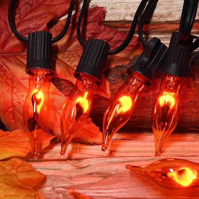 27.8Ft Fall Decor Flickering Flame String Lights Orange Halloween Lights with 25+2 Pack C7 Orange Flame Light Bulbs, Flame String Lights for Fall Halloween Decorations for Home Mantel Party Garden