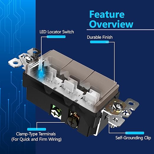 LIDER Matte Finish Lighted Triple Switch with Screwless Wall Plate, Combination Frameless Decorator Switch with Locator Light, Ground Terminal Single Pole, 15A 120V, UL Listed, Nickel, 2 Pack