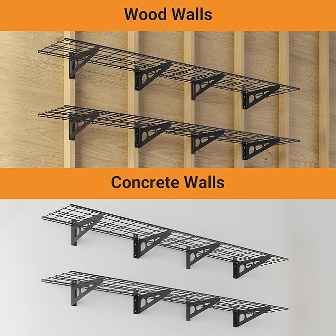 1x6 ft Garage Shelving, 2-Pack Wall-Mounted Shelves for Garage, Kitchen, Pantry Storage, 600 lbs Total Load Capacity Shelving, Black