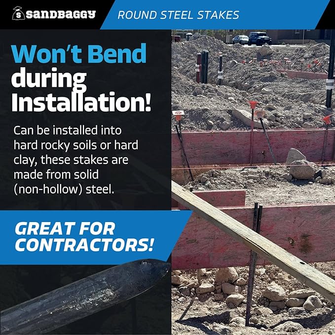 Sandbaggy 72" Round Steel Concrete Form Stakes with Nail Holes - Rust Resistant Coating - Removable, Reusable (10)