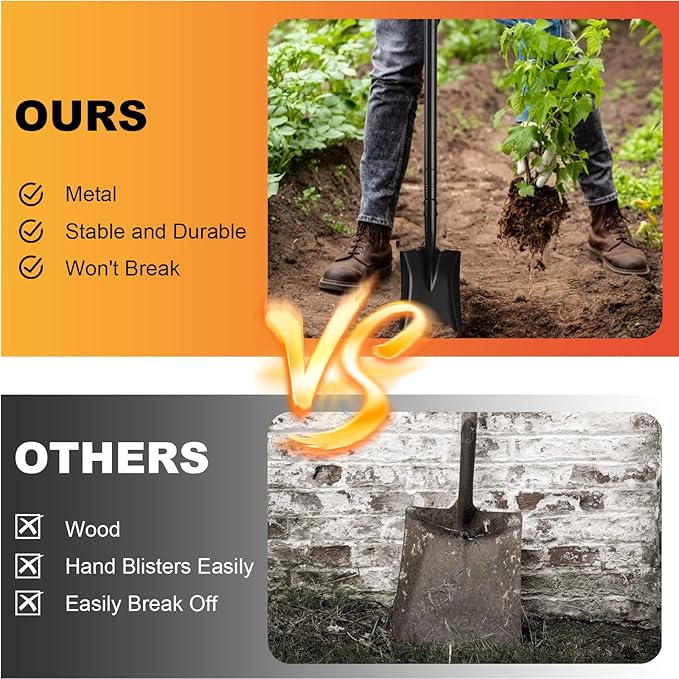 Small Square Shovel 43.3Inches Small Shovel with Metal Handle Garden Tool for Camping Farming Gardening Digging, Black