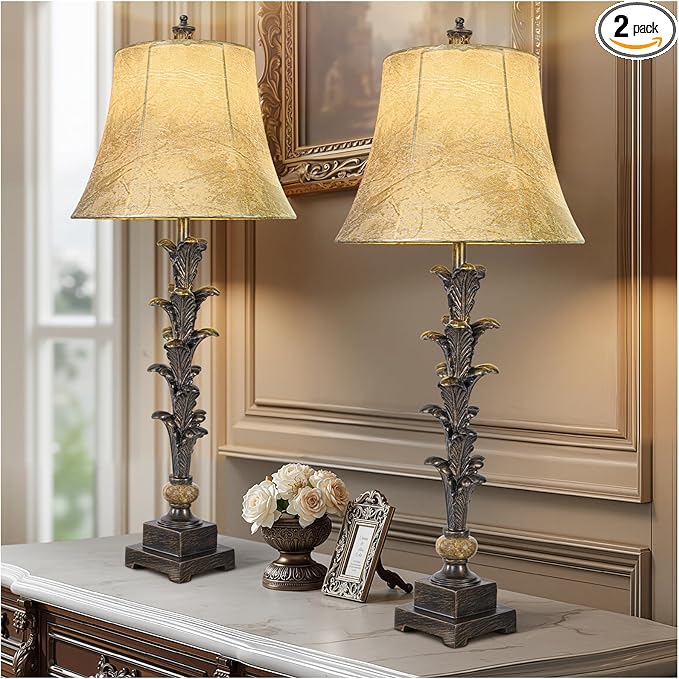 Table Lamps Set of 2 for Living Room, 33'' Tall Bedside Table Lamps with 3 Way Dimmable Bulbs, Farmhouse Buffet Lamps with Laux Leather Shades, Vintage Brown Desk Lamps for Nightstand Bedroom Office