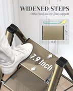 GameGem 2 Step Ladder, Folding Step Stool with Wider Pedal, Anti-Slip Feet & Non Slip Stripes, Aluminum Sturdy Material, 300Lbs Capacity, Elegant Look of Champagne Gold Better Matches Your Home