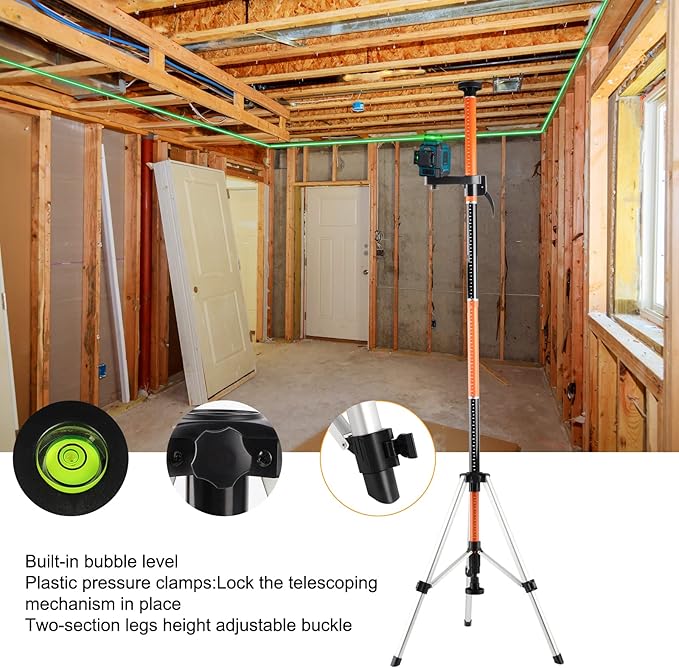 KEZERS Laser Level Pole with Tripod,12Ft./3.7M Telescoping Pole for Laser Levels,1/4”-20 Laser Mount for Rotary and Line Laser Level,Adjustable Pole and Tripod with 5/8”-11 Threaded Adapter-FLP370B