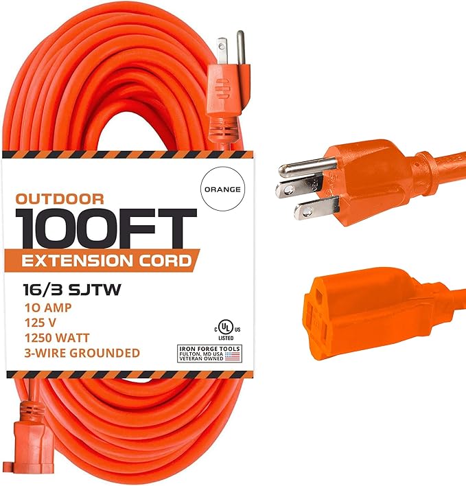 IRON FORGE CABLE 100 Ft Orange Extension Cord - 16/3 SJTW Heavy Duty Outdoor Extension Cable with 3 Prong Grounded Plug for Safety - Great for Garden & Major Appliances