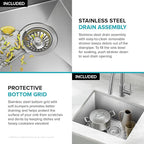 Kraus KHU101-21 Standart PRO 16 Gauge Undermount Single Bowl Set (4 Item Bundle: Sink, Bottom Grid, Drain Assembly, Kitchen Towel), 21 Inch, Stainless Steel