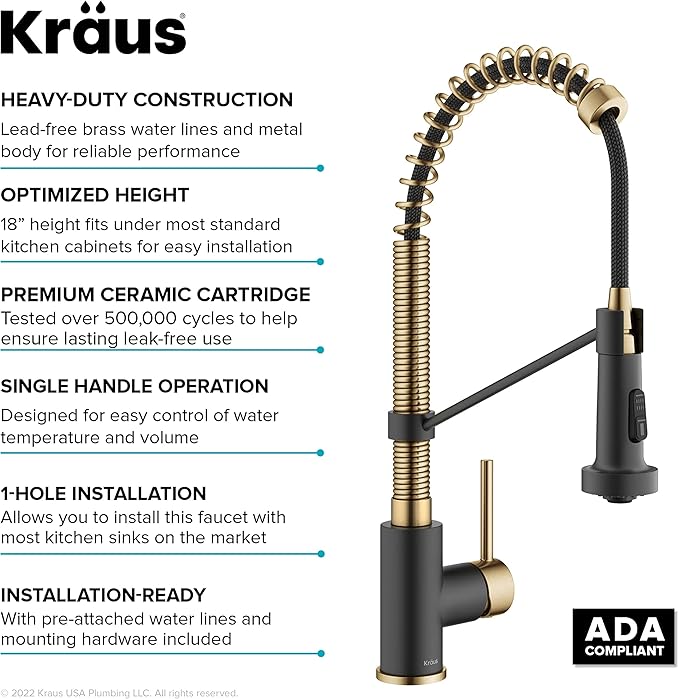 KRAUS Bolden Commercial Style 2-Function Single Handle Pull Down Kitchen Faucet in Brushed Brass/Matte Black, KPF-1610BBMB