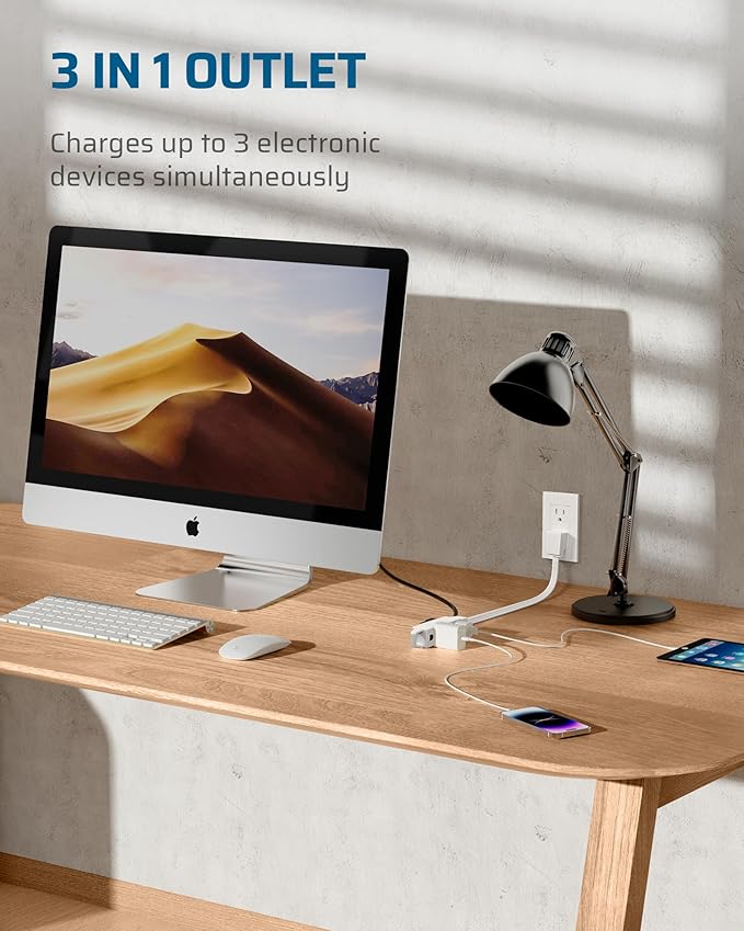 DEWENWILS 3 Outlet Extension Cord with Flat Plug, 1FT 16/3 Awg Grounded Power Cable for Indoor Use, SPT-3 Cord, White, ETL Listed, 2 Pack