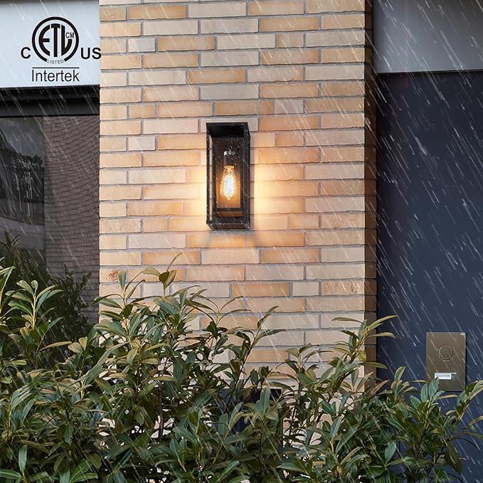 mirrea 14" Classic Outdoor Wall Sconce 1 Light in Matte Black Rectangular Metal Frame and Clear Glass Shade Waterproof Porch Light Patio Light Pack of 2