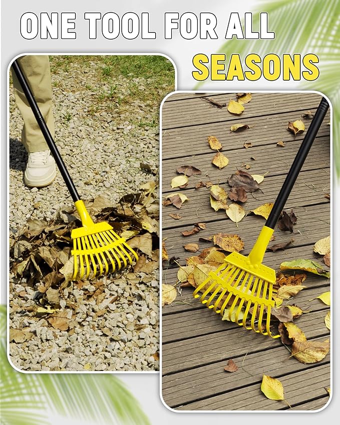 Garden Leaf Rake, 8.7” Wide Metal Rake with 11 Teeth, 59" Adjustable Long Handle, Heavy Duty Lightweight Leaf Rakes for Small Lawn Yard Shrub,Tight Spot Garden Bed Leaf Debris Picking Cleaning
