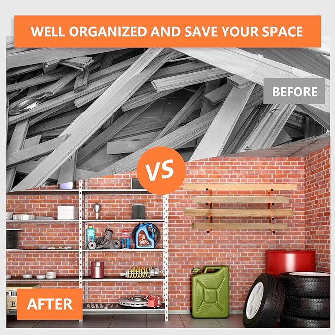 2 Pack Wood Organizer and Lumber Storage Rack Wall Mount, Heavy Duty Wood Storage Organizer Racks with 4-Level System for Garage, Workshop, Basement, Holds Up 220 LBS Per Level (Orange)