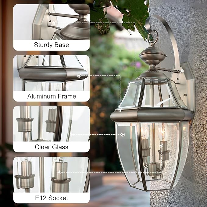 Outdoor Wall Lights, 20inch Large Exterior Lighting Fixtures, 2 Light Waterproof Wall Sconce with Glass Shades, Aluminium Outside Lanterns for Porch Farmhouse Patio Doorway Yard (E12 Base Max 40W)