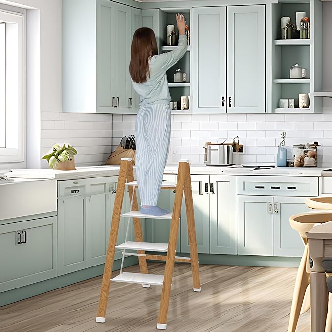 Lightweight Folding Step Ladder Household, Aluminum 4 Step Ladder Foldable for Home, Sturdy Step Stool for Adults 330 Lbs - White & Wood Grain