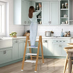 Lightweight Folding Step Ladder Household, Aluminum 4 Step Ladder Foldable for Home, Sturdy Step Stool for Adults 330 Lbs - White & Wood Grain