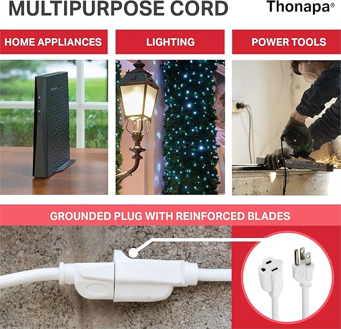 10 Ft Extension Cord with 3 Prong - White 10 ft Great for Indoor & Outdoor - 16/3 SJTW Weatherproof Extension Cord