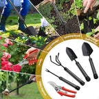 Garden Tool Set with Extended Long Handle, 5 Pieces Stainless Steel Gardening Tool Kit, Gifts for Parents and Kids Including Trowels, Hand rake, Weeder, Pruning Shears for Weeding Planting