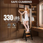 GameGem 2 Step Ladder, Aluminum Folding Step Stool with Anti-Slip Sturdy and Wide Pedal, Lightweight Portable Stepladder for Home and Kitchen Use Space Saving, 330 lbs, Black Woodgrain